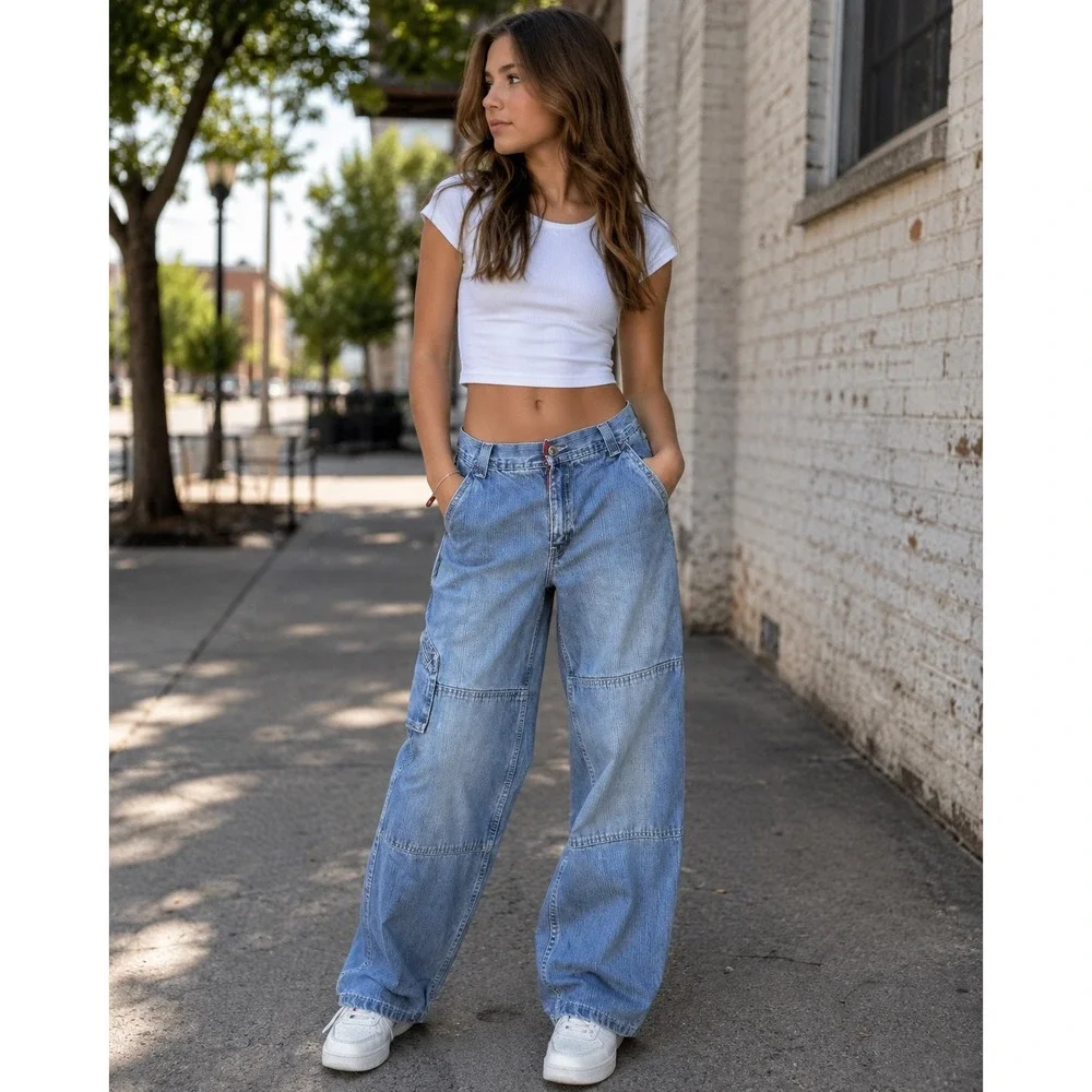 Vintage Old Navy Girls Size 16 Wide Leg Cargo Jeans Blue Denim Y2K Baggy Utility